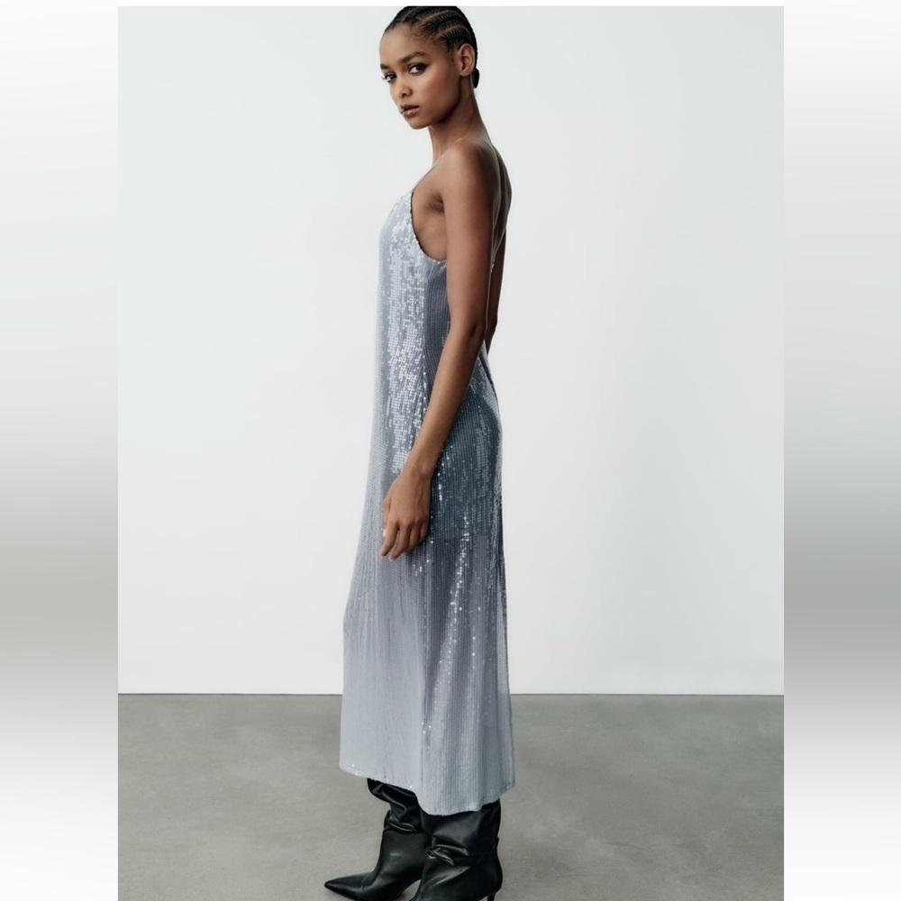 Zara NWT sequin midi dress silver - Picture 9 of 11